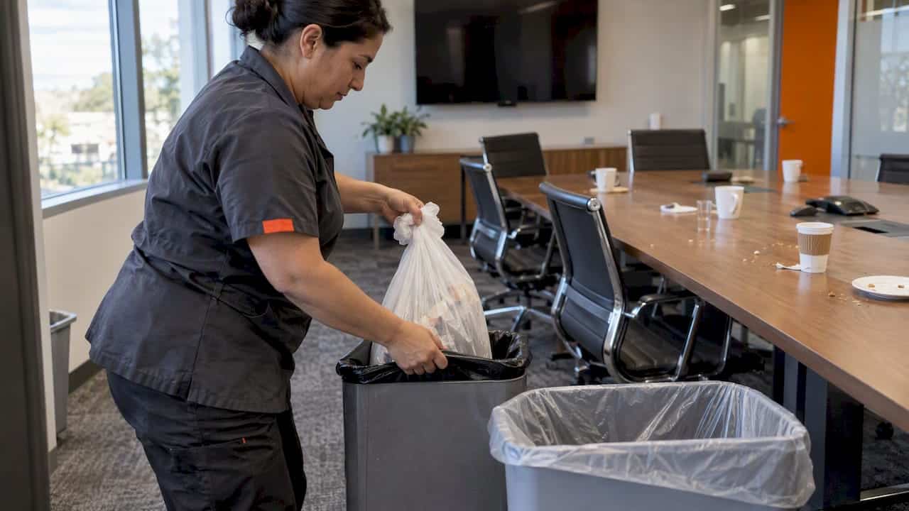 Cleaner relining a conference room waste bin