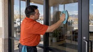 Cleaner wiping streaks from commercial glass