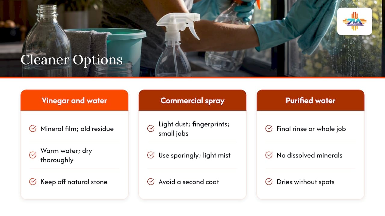 Vinegar, glass spray or pure water: which to use — overview diagram