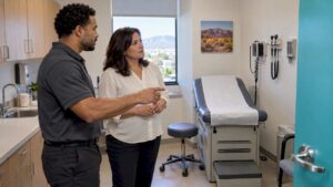 Clinic manager and estimator reviewing an exam room