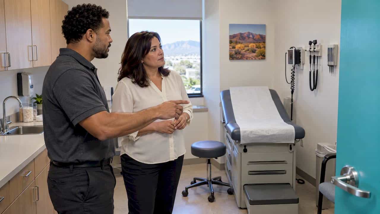 Clinic manager and estimator reviewing an exam room