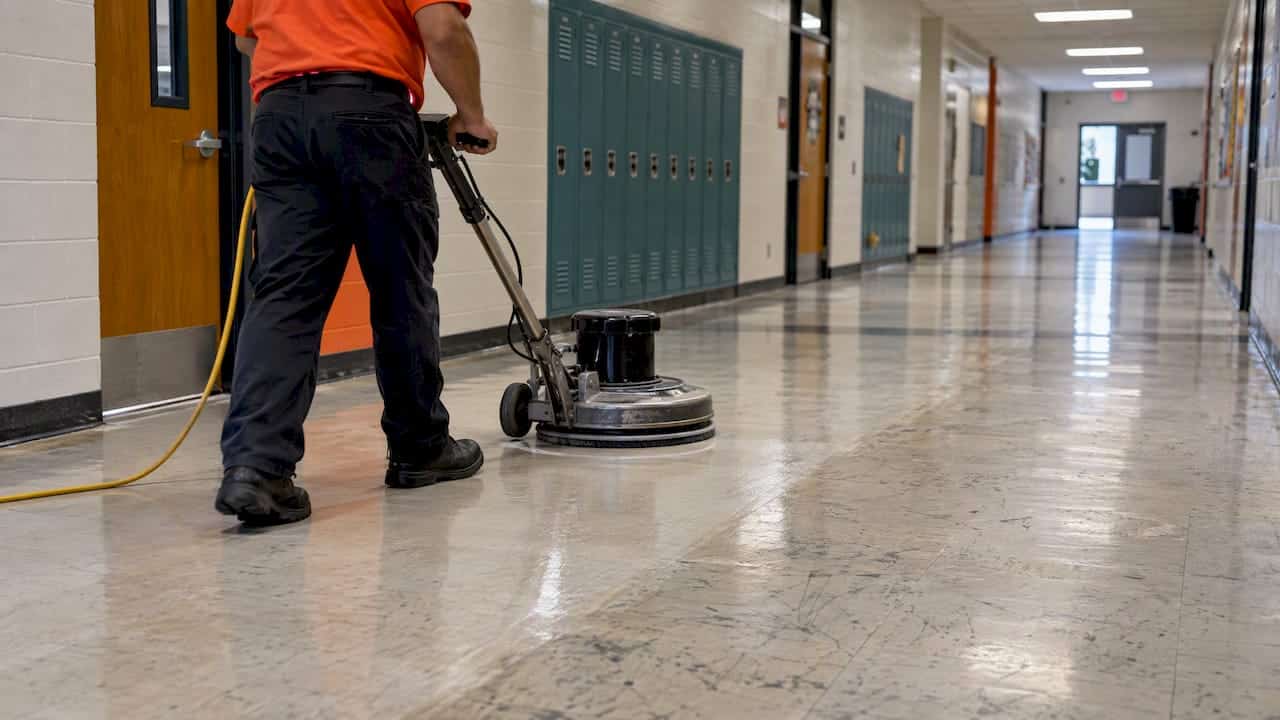 Floor buffer polishing a school hallway