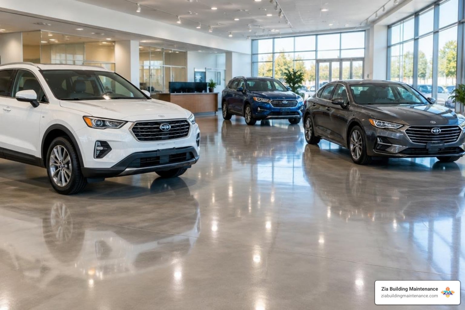clean car dealership showroom floor