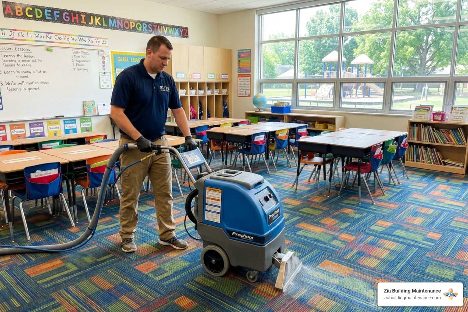 School carpet cleaning in a bright elementary school classroom - School carpet cleaning