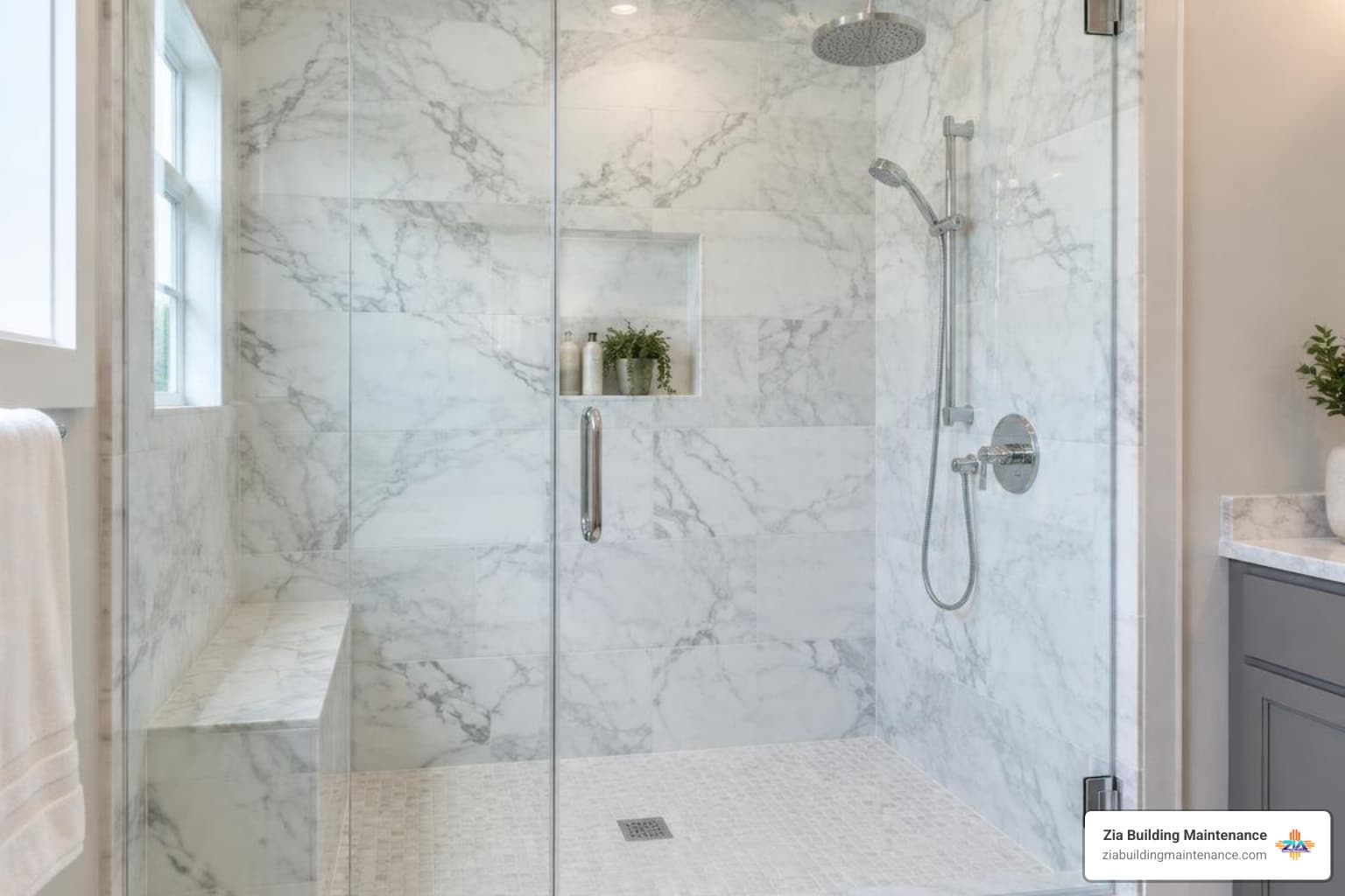 Photorealistic marble tile shower stall