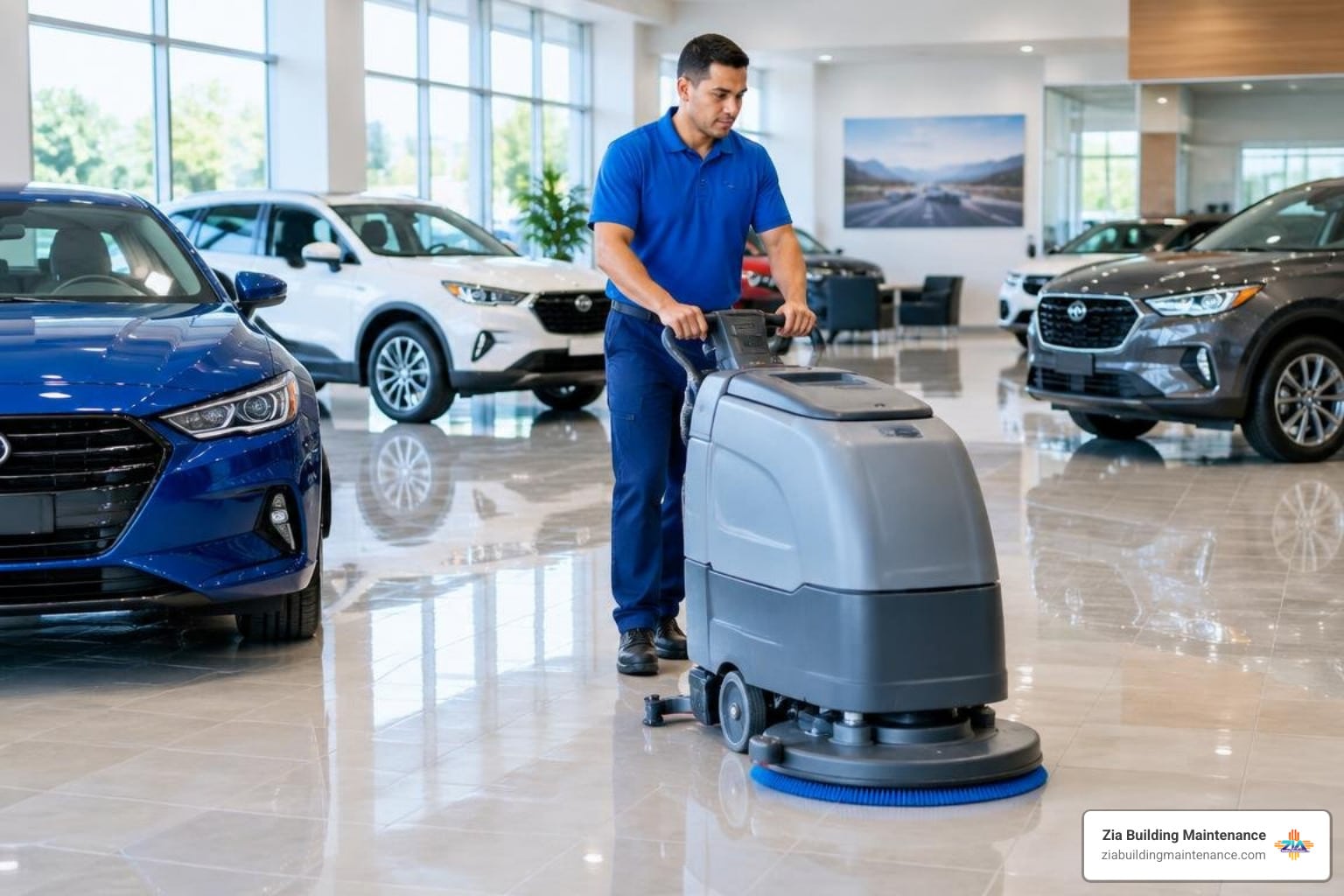 technician operating an industrial floor scrubber in an automotive showroom